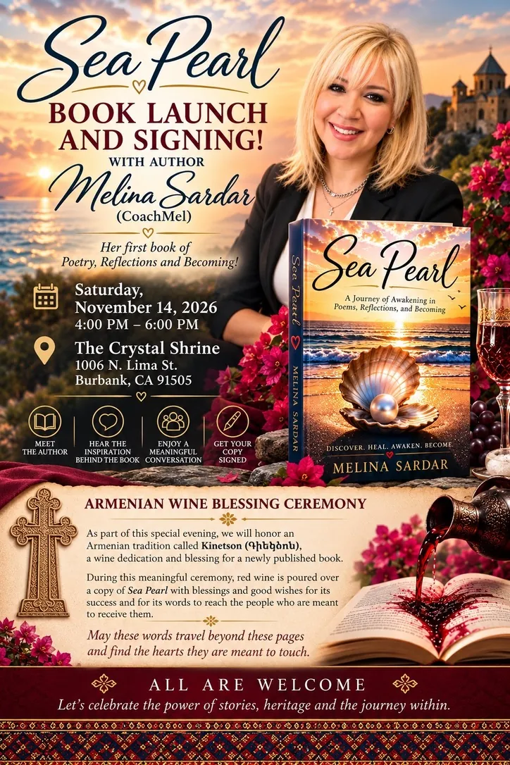 Sea Pearl book launch and signing flyer for author Melina Sardar, Saturday November 14, 2026, at The Crystal Shrine in Burbank