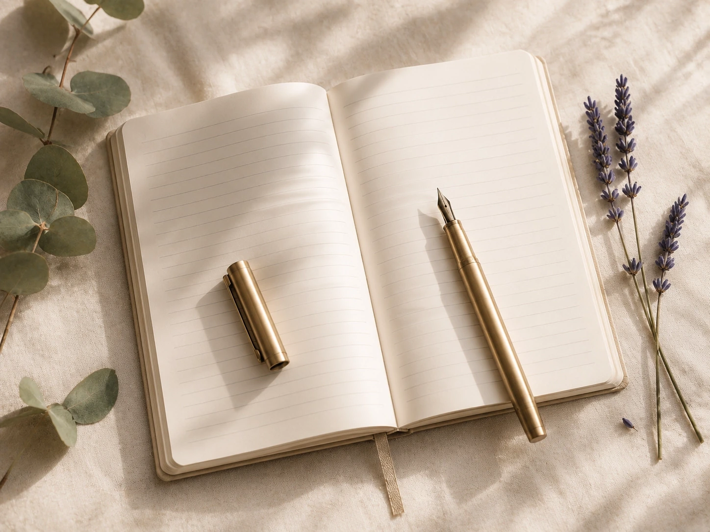 Open journal with a gold fountain pen and lavender sprigs